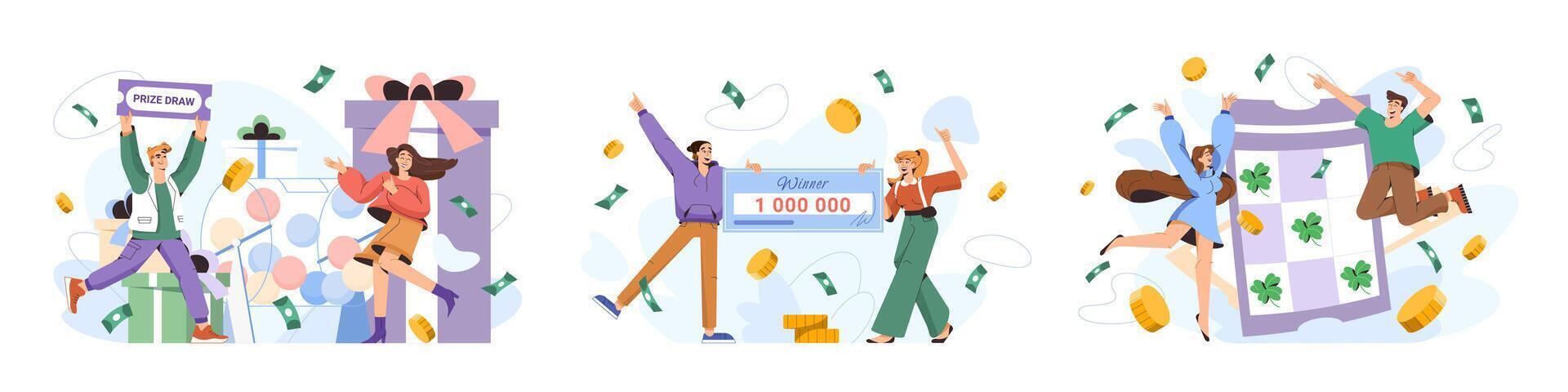 Lottery win flat vector illustration set. Lucky winners playing lotto, take part in prize drawing and receive money prize in gambling games. Happy people winning prizes. Luck and fortune concept