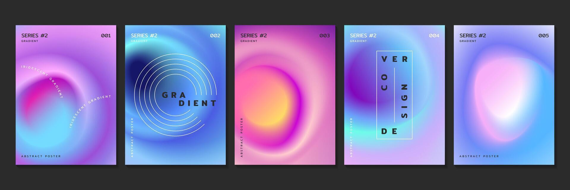 Vector set of fluid gradient backgrounds with radial blur effect. Covers design template with neon blurry circles and iridescent color gradation. Posters with glowing blurry stains in modern style