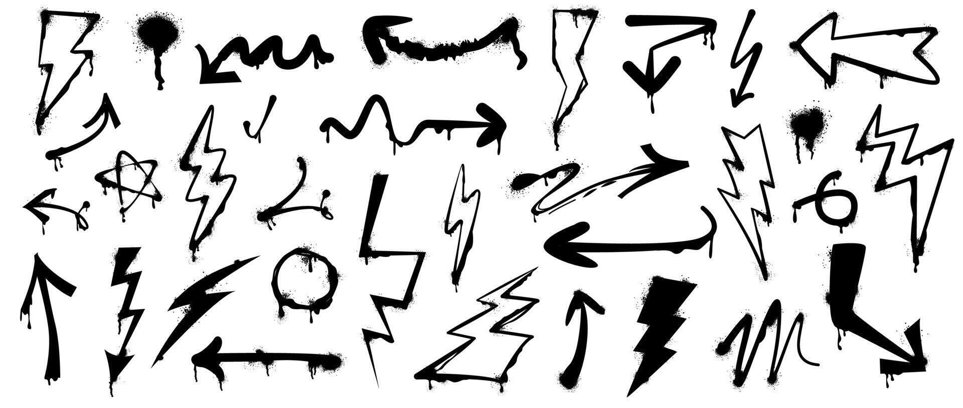 Set of spray paint arrows, drips and lightning bolts with graffiti effect. Black inky blots, thunder electricity symbol with ink splatters in urban street style. Brush lines and electric power sign vector