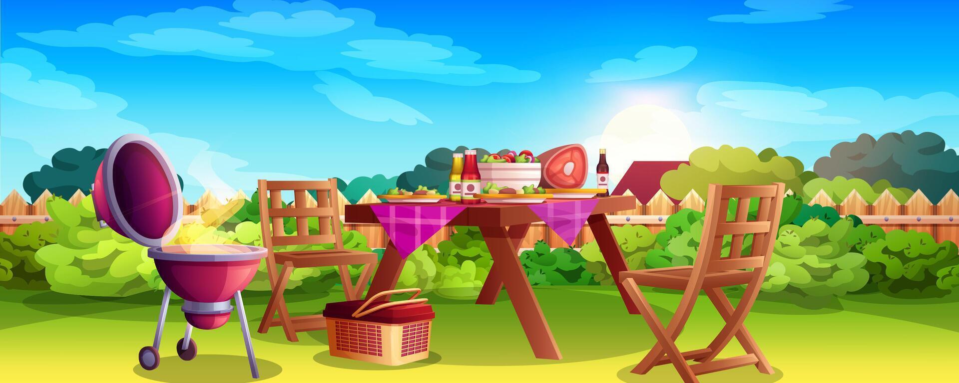 Cartoon green summer lawn on backyard with barbecue grill, wooden furniture and food on table. BBQ picnic or lunch with cooking grill, chairs, fence and bushes on home courtyard. Cookout party concept vector