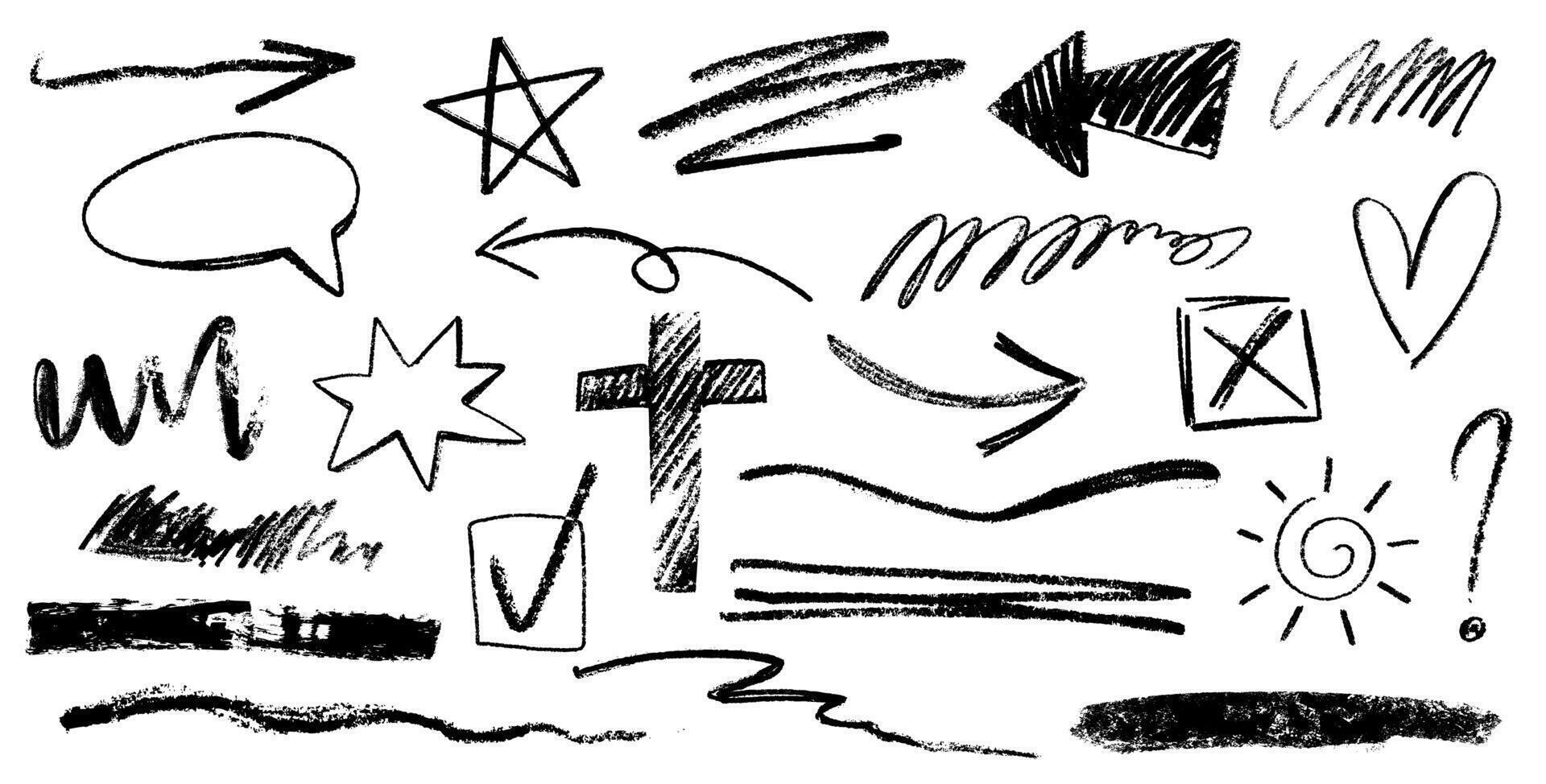 Hand drawn charcoal pencil rough line, symbol or scribble set. Different squiggles, black strokes, stars, wavy lines, arrow, crosses and check marks grunge drawing. Freehand chalk stripes and waves vector