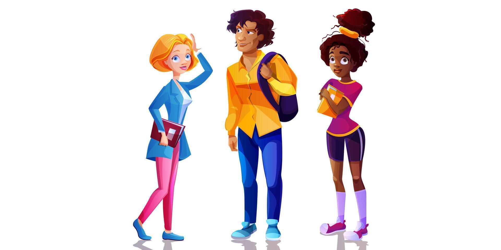 grupo de diverso moderno estudiantes en pie juntos dibujos animados vector ilustración. multicultural joven personas en casual ropa con mochila y libros aislado en blanco antecedentes