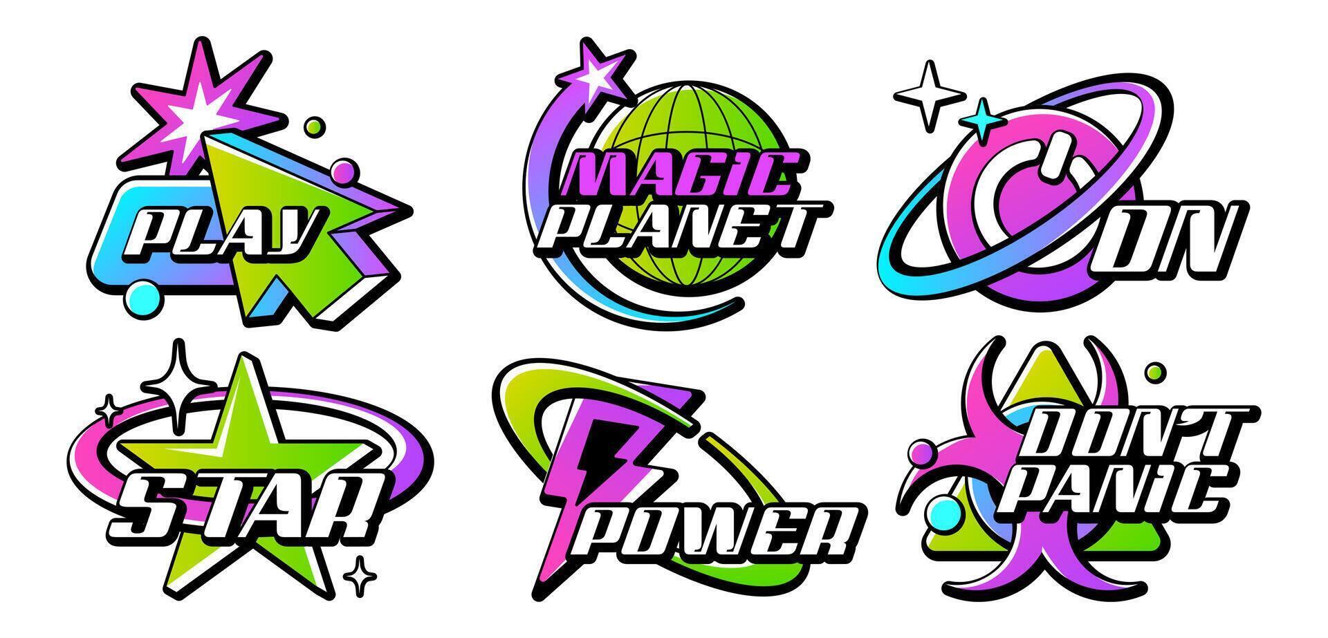Retro Y2K logo set. Acid gradient color lettering logos for shirt, streetwear. Sticker, badges, slogan typography vector icon design illustration with star, button, planet earth. Futuristic elements