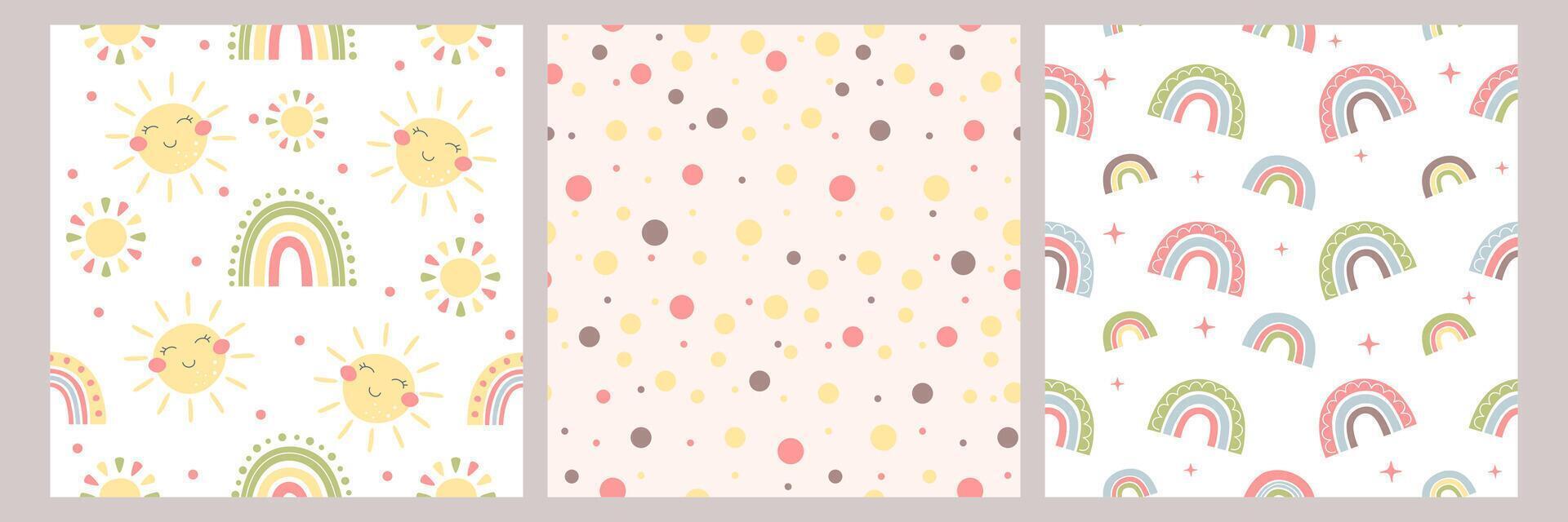 Cute baby boho seamless pattern with smiling sun, rainbow and dots in gender neutral colors. Nursery wall art print cards for kids bedroom in scandinavian style. Children room decor vector set