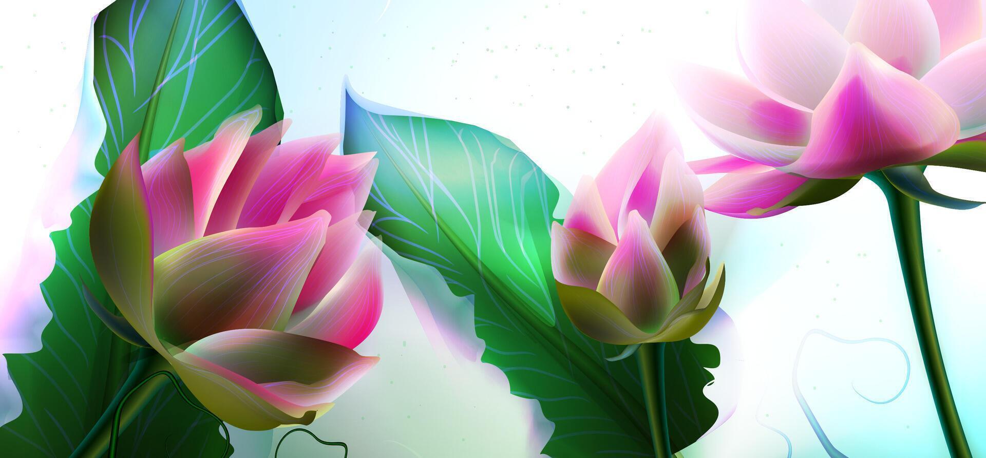 Beautiful pink lotus flowers with green leaves close up realistic vector illustration. Water lily or aquatic plant on green stem. Blossom flower and opening bud of waterlily