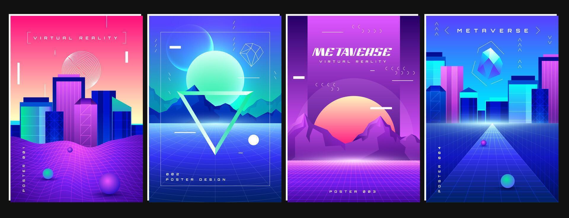 Retro futuristic space posters with synthwave background. Retrowave flyers with perspective grid, night cityscape and wireframe mountain landscape with night sky and sunset. Metaverse neon city vector