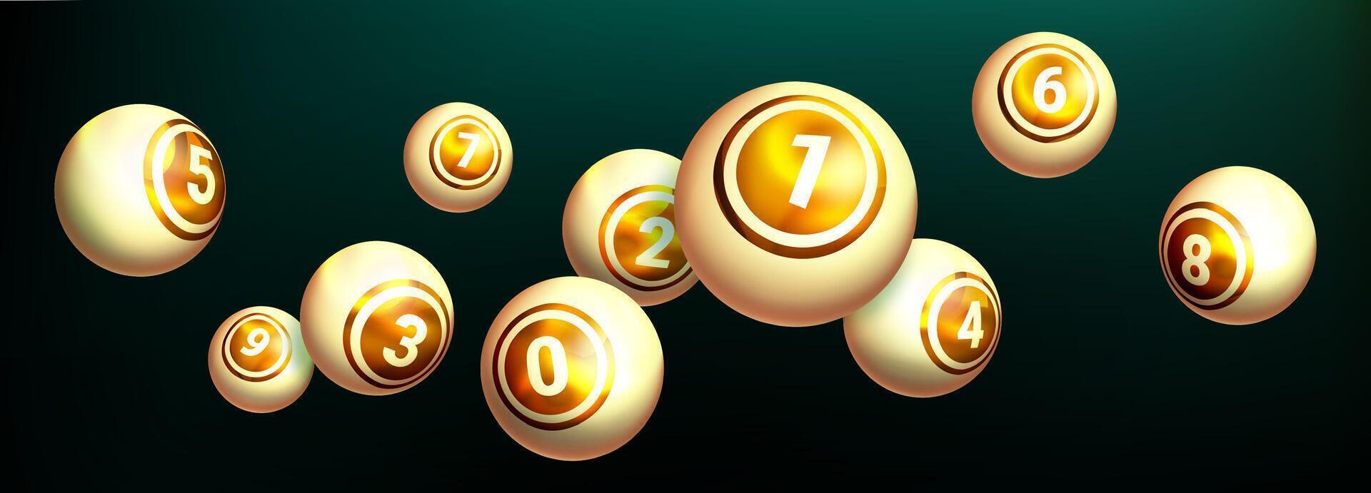 Realistic golden lottery ball on dark background. Gold balls with numbers of winning combination for gambling game. Collection glossy spheres for lotto, kenny and bingo vector