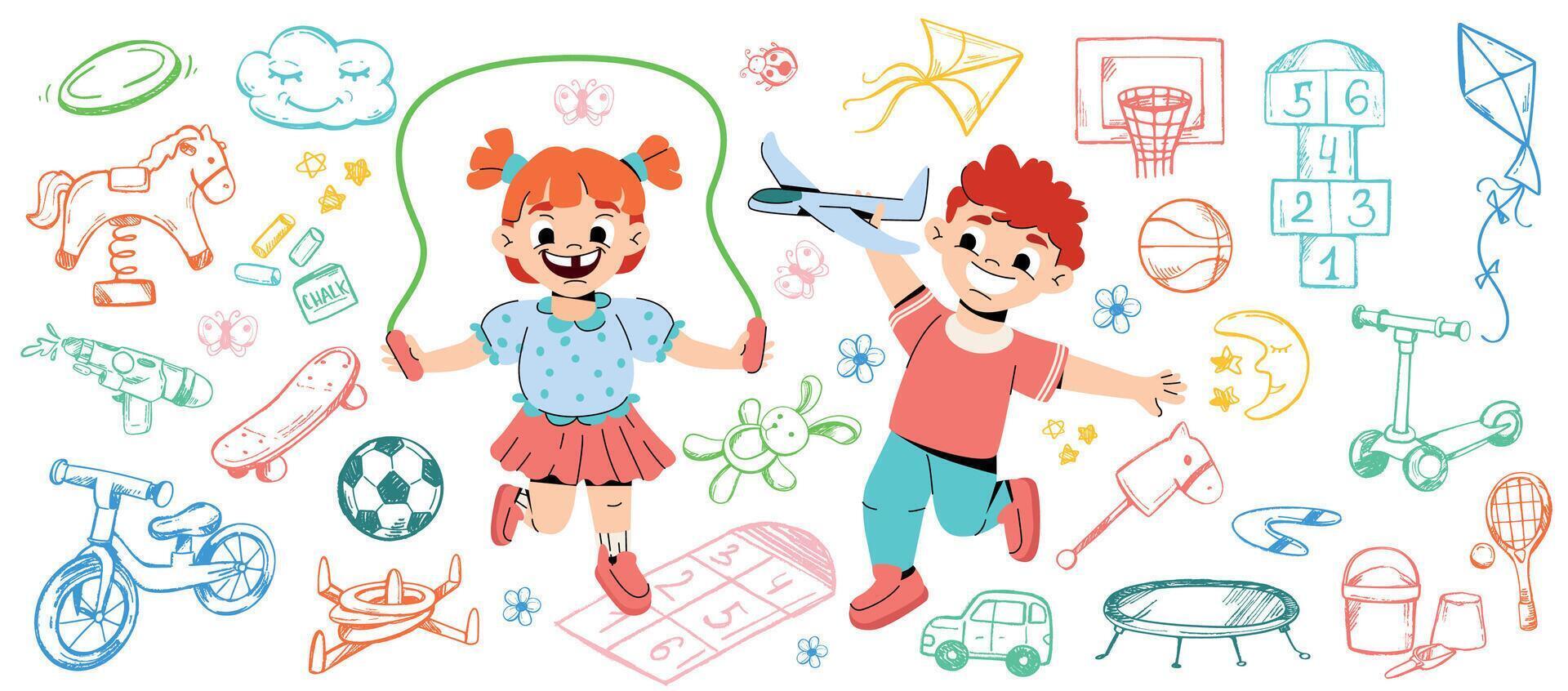 gracioso dibujos animados niños jugar a patio de recreo niños. contento niña y chico en jardín de infancia con juguetes línea Arte icono de bicicleta, patinar, pelota, scooter, rayuela y mano dibujado deporte elemento colocar. guardería garabatear vector