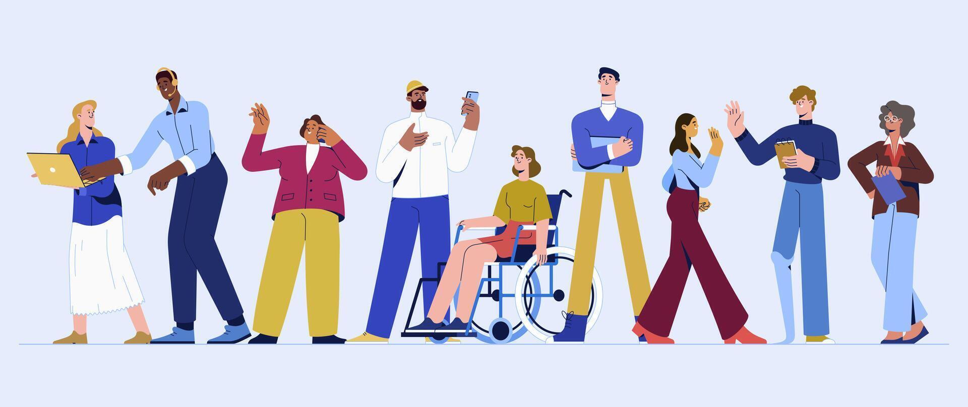 Flat diverse group of happy business people work together. Entrepreneurs, office workers isolated on background. Multinational characters working with gadgets. Equality, diversity and social inclusion vector
