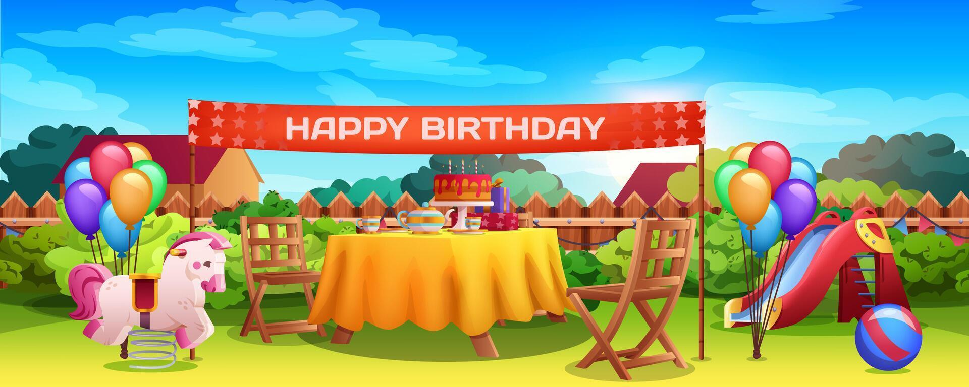 Cartoon Happy Birthday children party with holiday decoration on backyard. Festive table with cake and candles. Kids celebration on grass lawn with slide, pink rocking horse and balloons bunches vector