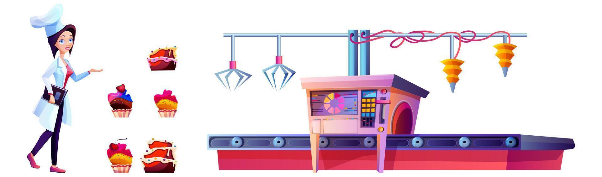 Confectioner on candy factory and cake production line isolated on white background. Cartoon conveyor belt with confectionery products and cupcakes. Manufacturing process of sweet food cooking vector