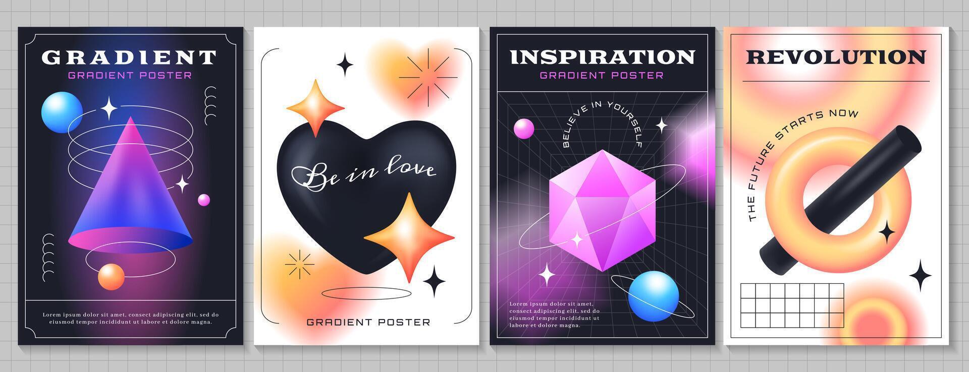 Vector poster template set with colorful 3d realistic geometric shapes. Modern banners with objects of different forms, linear abstract elements and sparkles on blurred gradient background