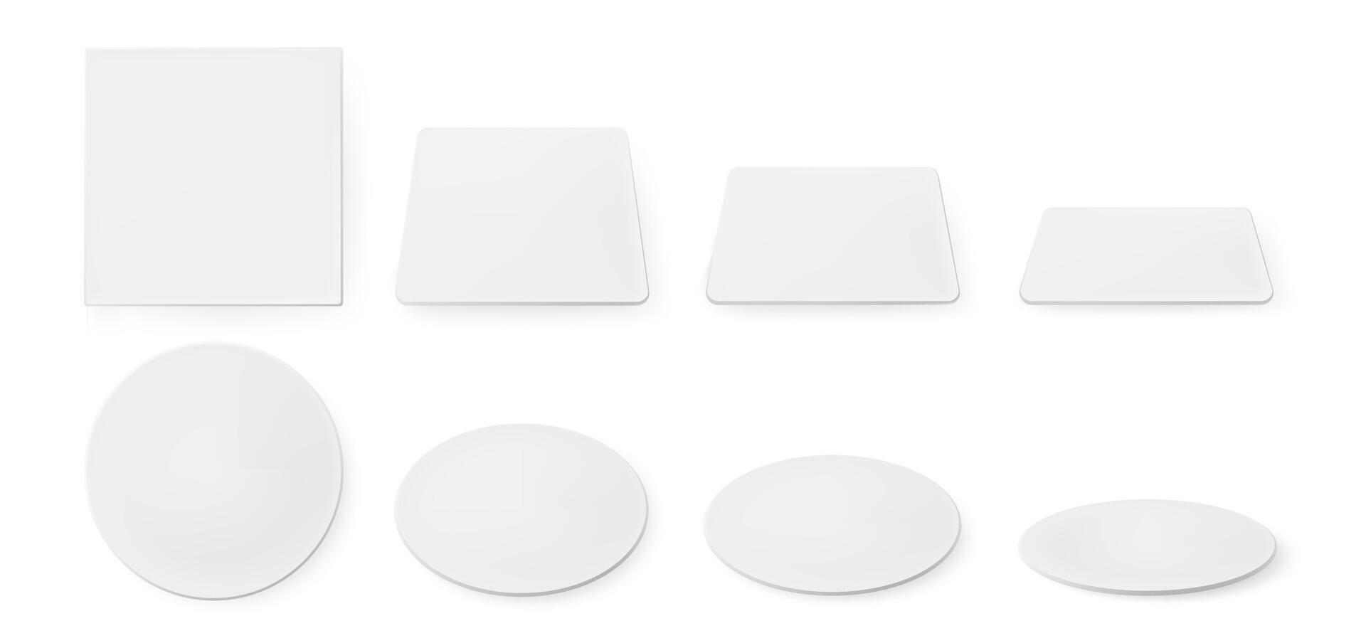 blanco papel portavasos para cerveza taza. vector realista Bosquejo de blanco cuadrado y circulo posavasos en parte superior vista. bierdeckel para taza o cartulina estera diferente formas y anglos aislado en blanco antecedentes