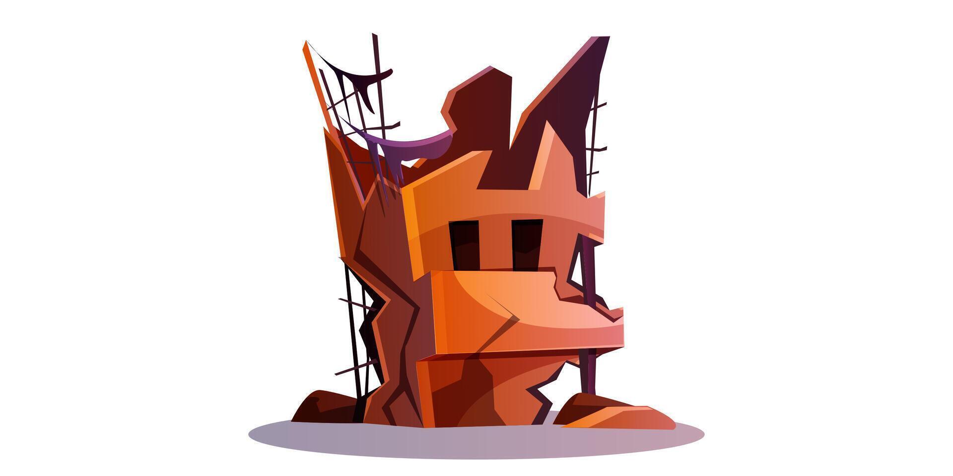 Destroyed building after cataclysm or war. Abandoned broken city house cartoon isolated vector illustration. Damaged structure or derelict town ruins after natural disaster, earthquake or explosion