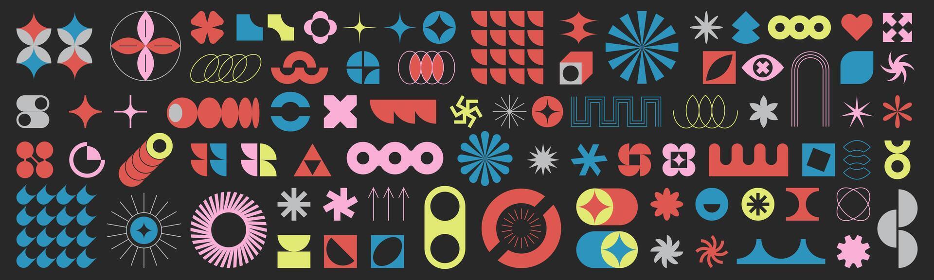 Set of colorful brutalist geometric shapes. Trendy minimalist figures, flower, circle, stars and abstract bauhaus forms. Retro futuristic simple basic form elements, contemporary symbol, sparkle icons vector