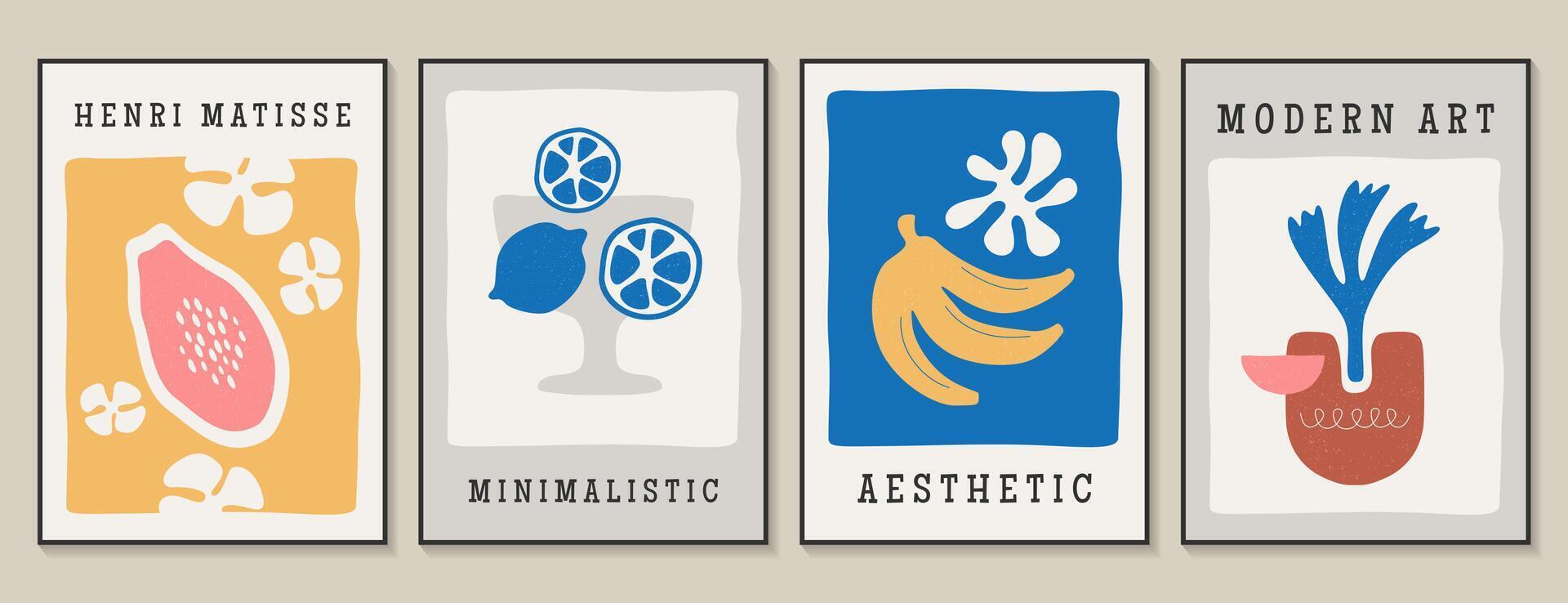 Matisse poster set with lemon, banana and papaya. Aesthetic modern wall art, naive artworks with tropical fruits, plant in vase. Trendy minimalist collage with botanical elements in contemporary style vector