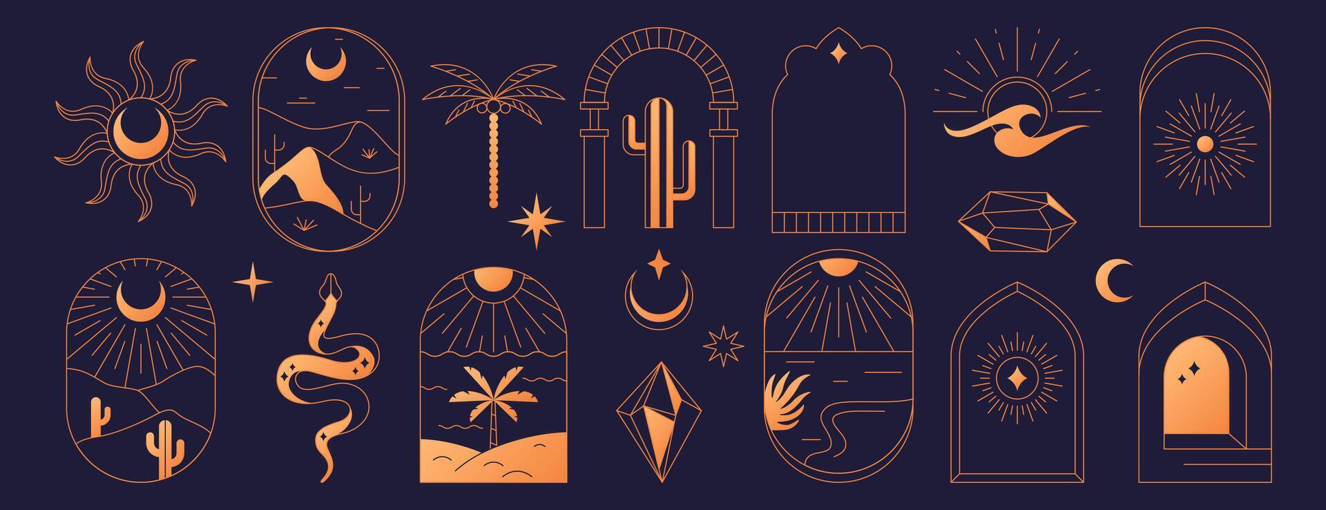 Boho logo set. Bohemian mystic line icons. Simple hand drawn arch magic esoteric symbols, astrology logos, frame design templates with desert landscape, cactus, sun, moon, crystal, palm and mountains vector