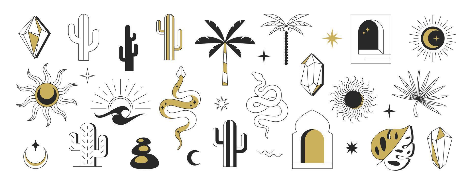 Vector bohemian linear logos. Boho logo cactus, sun, moon, crystals, palms, window and desert icons. Celestial mystic esoteric magic and geometric abstract design elements. Line symbols set