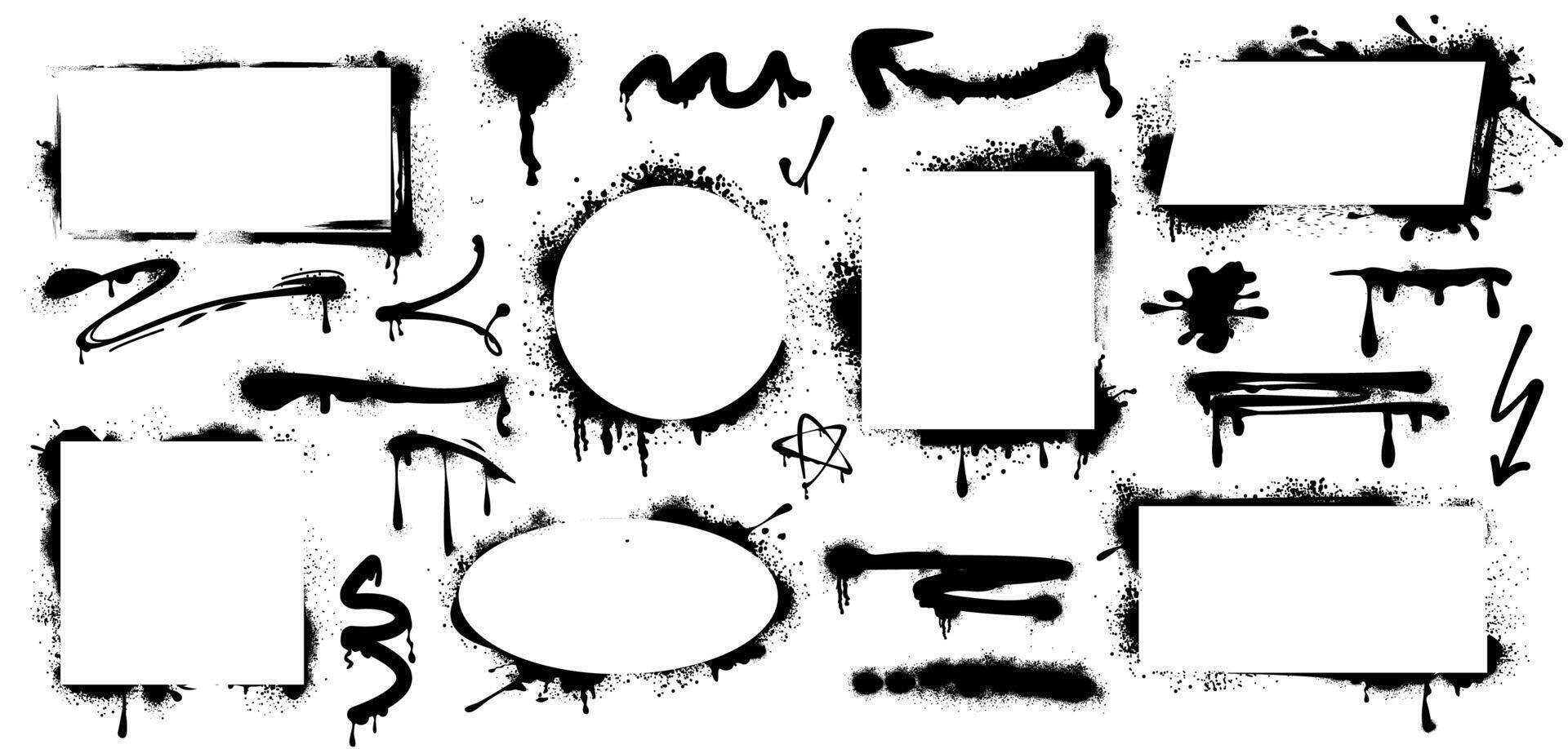 Set of black paint spray frames, graffiti stencil borders, drips and lines. Abstract ink splatters, arrow, inky blots with grunge texture. Airbrushing rectangular, square, oval, round design elements vector