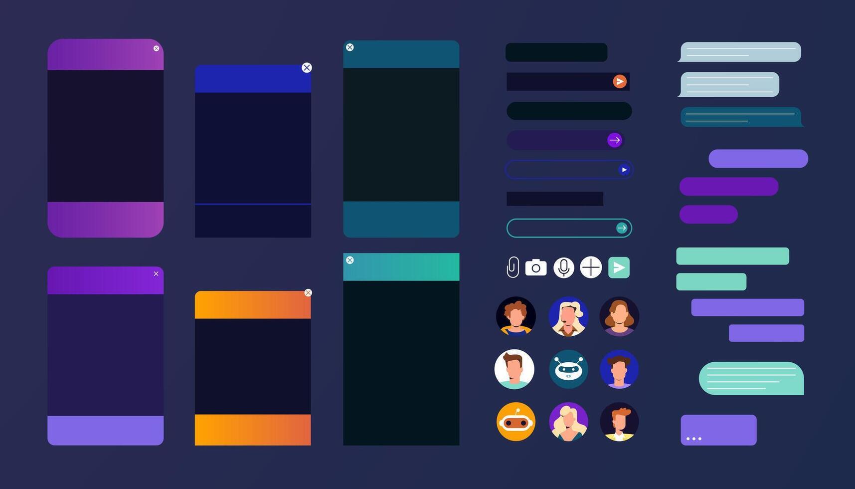 Chat bot dialogue windows set in dark night mode. Talk interface with consultant chatbot robot, online personal assistant, user avatar and message bubble. Flat design for customer service support vector