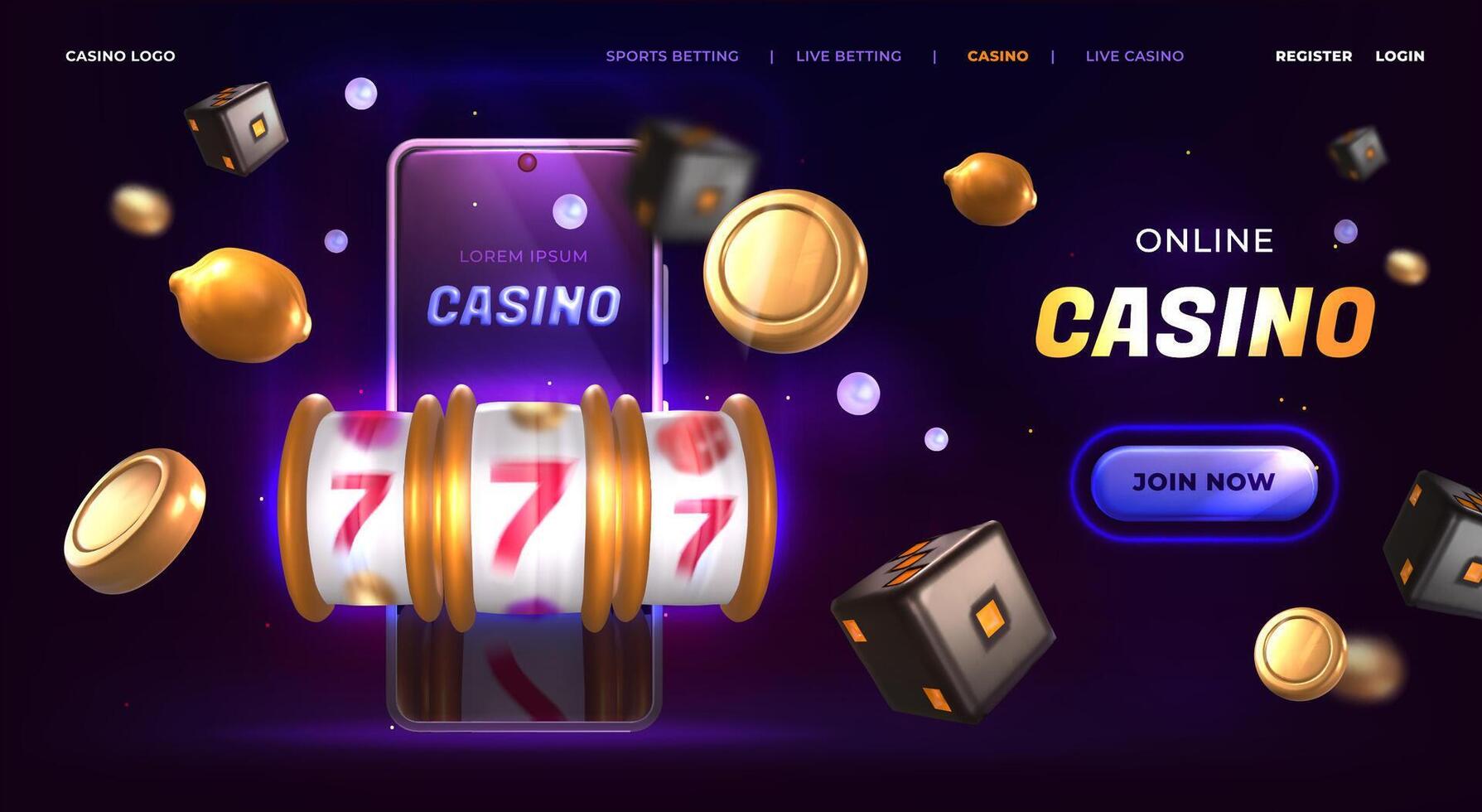 Online casino landing page. Banner with jackpot slot machine, neon smartphone and flying golden coins on dark background. Lucky fortune, slots game with prize icons. Gambling website template vector