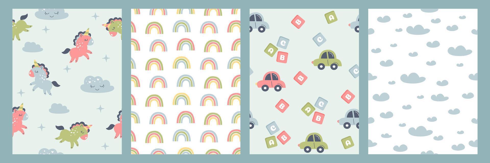 Bohemian baby simple seamless pattern. Hand drawn boho nursery design with clouds, rainbow, cute unicorn, toy car, abc cubes, starry sky for kids bedroom in scandinavian style. Childish wall art print vector