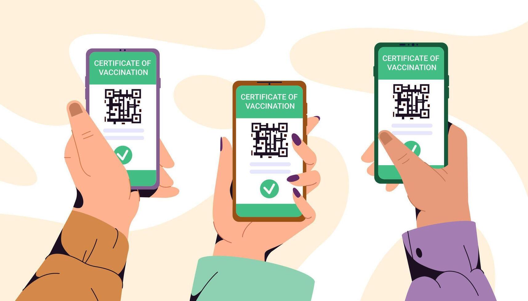 plano manos participación Los telefonos y demostración verde certificado de vacunación. teléfono inteligente con vacuna qr código en móvil aplicación vacunado personas utilizando digital salud pasaporte para viajar. inmunidad concepto vector