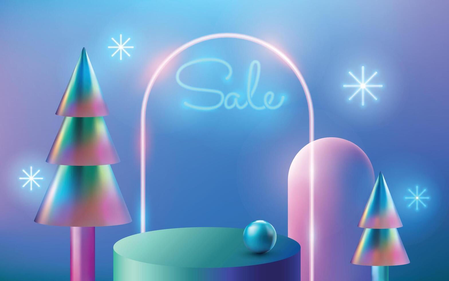 3D realistic round podium pedestal with glowing arch, holographic gradient christmas tree and snowflake. Stage showcase with glossy iridescent decoration. Platform for winter discount, sale. Ad poster vector