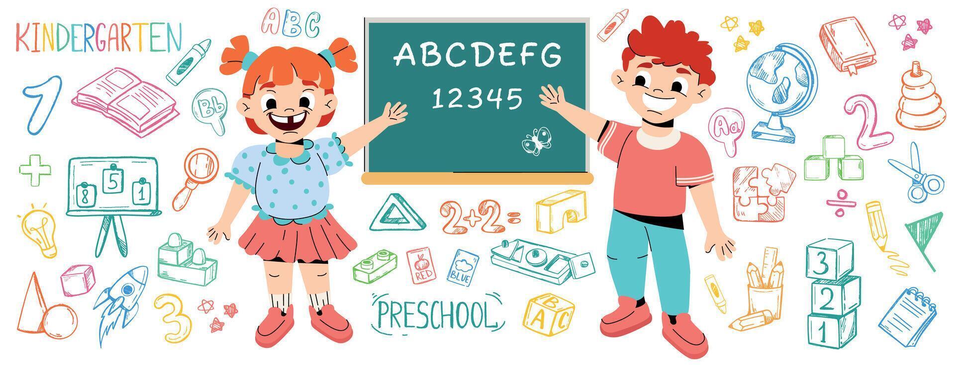 Cartoon happy kids by blackboard learning math and alphabet in preschool. Back to school doodle color set of elements. Funny children play in kindergarten with toys. Line hand drawing education icons vector