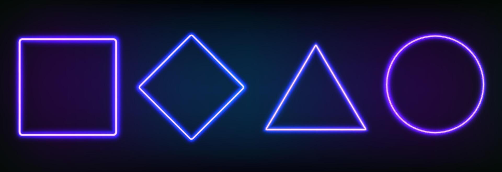 Realistic set of neon frames different geometric shapes with led backlighting .Glowing fluorescent border isolated on dark background. Bright illuminated shape of rectangle, square, circle and rhombus vector