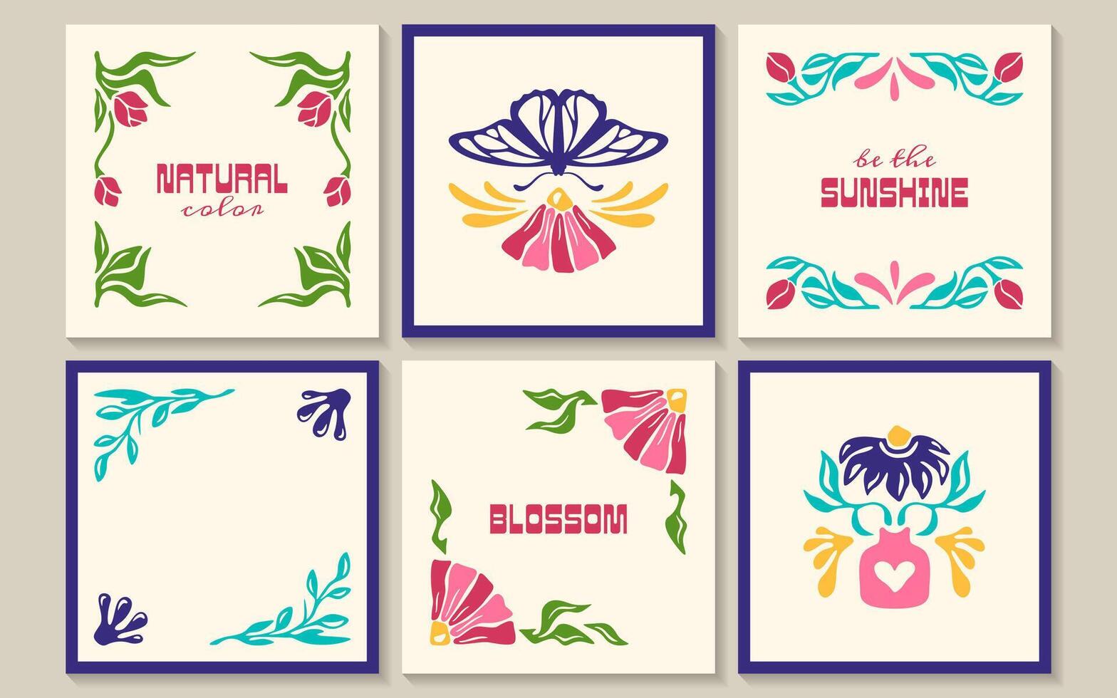 Groovy square posters with groovy butterfly, flowers in vase, botanical elements in matisse style. Trendy banners with abstract blossom and contemporary organic plants. Modern naive interior frames vector