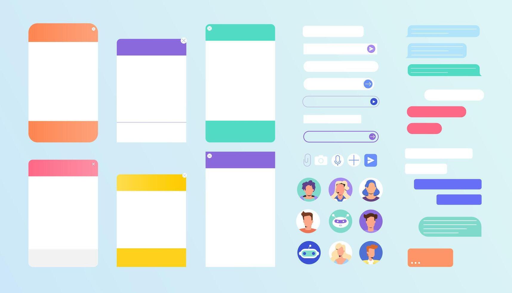 Chat bot dialogue windows set with empty text boxes. Talk interface with user avatar, consultant chatbot robot, online personal assistant and message bubble. Flat design for customer service support vector