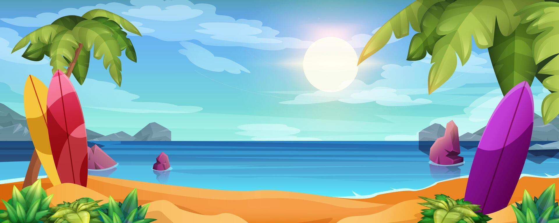 Surfboards on sandy beach. Summer surfing activity, sports recreation cartoon vector illustration. Tropical landscape with palm trees, rocks in water and mountains on horizon. Sea leisure hobby