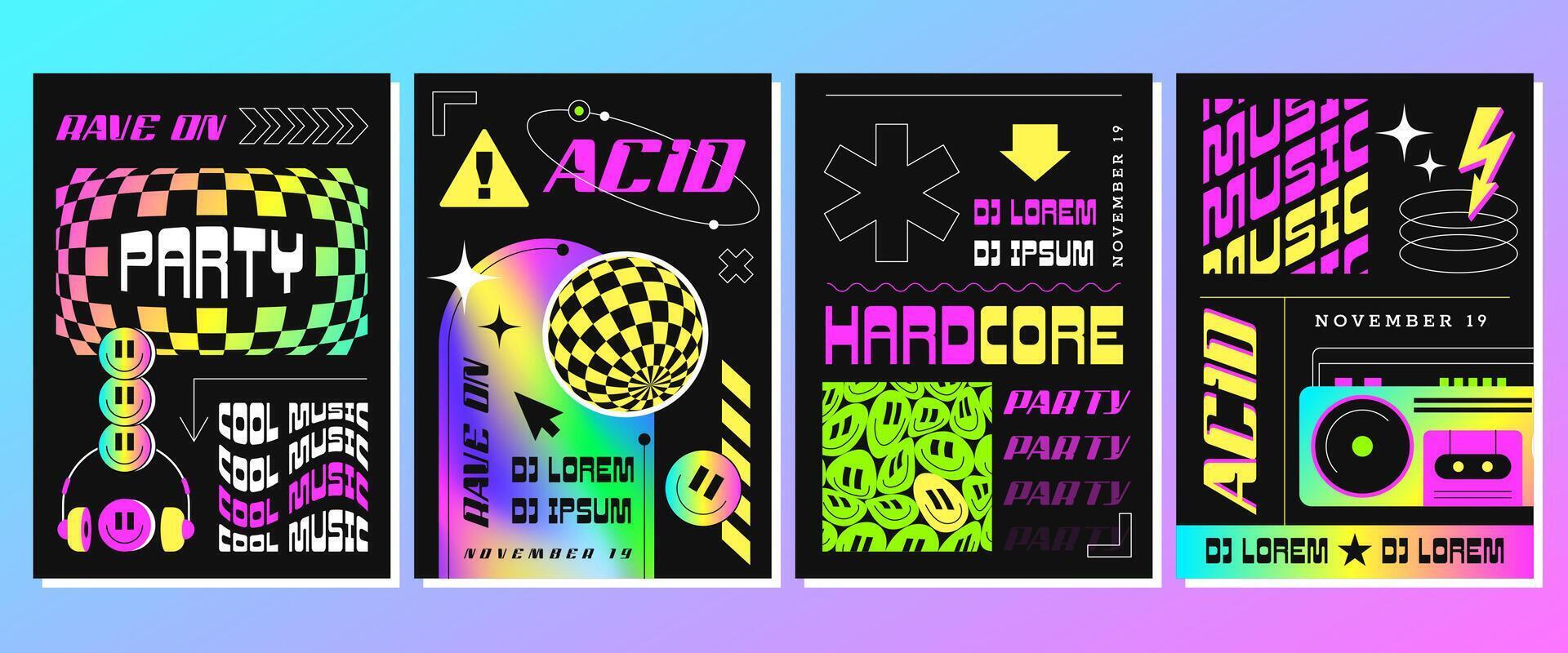 Rave acid posters for party or electronic music festival. Surreal vector illustration in trendy psychedelic style. Flyers with abstract geometric shapes, smiles, disco ball and holographic frame