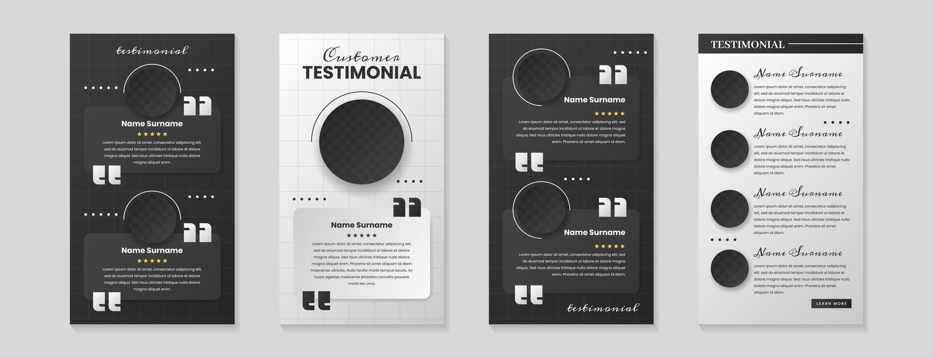 Customer service review template. Product or business rate feedback. Set of testimonial posts, web banners of client satisfaction with star rating. Testimonials design with opinion, user icon, comment vector