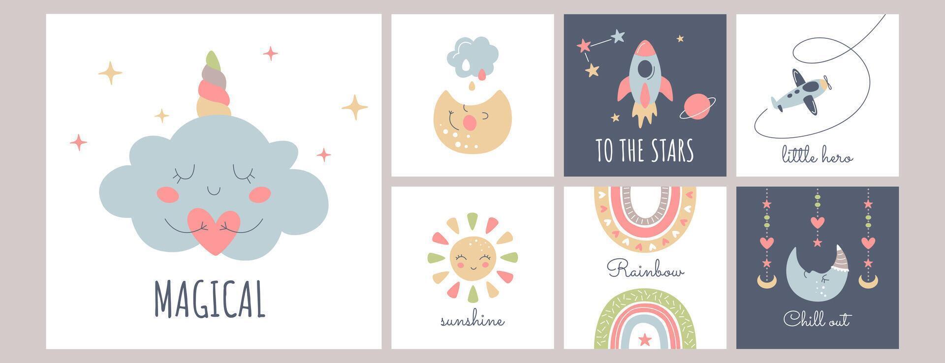 Cute boho baby posters in Scandinavian style. Bohemian sleep nursery cards with rainbow, cloud, stars, sun, moon, rocket and airplane. Vector print decor for kids bedroom. Children wall art collection