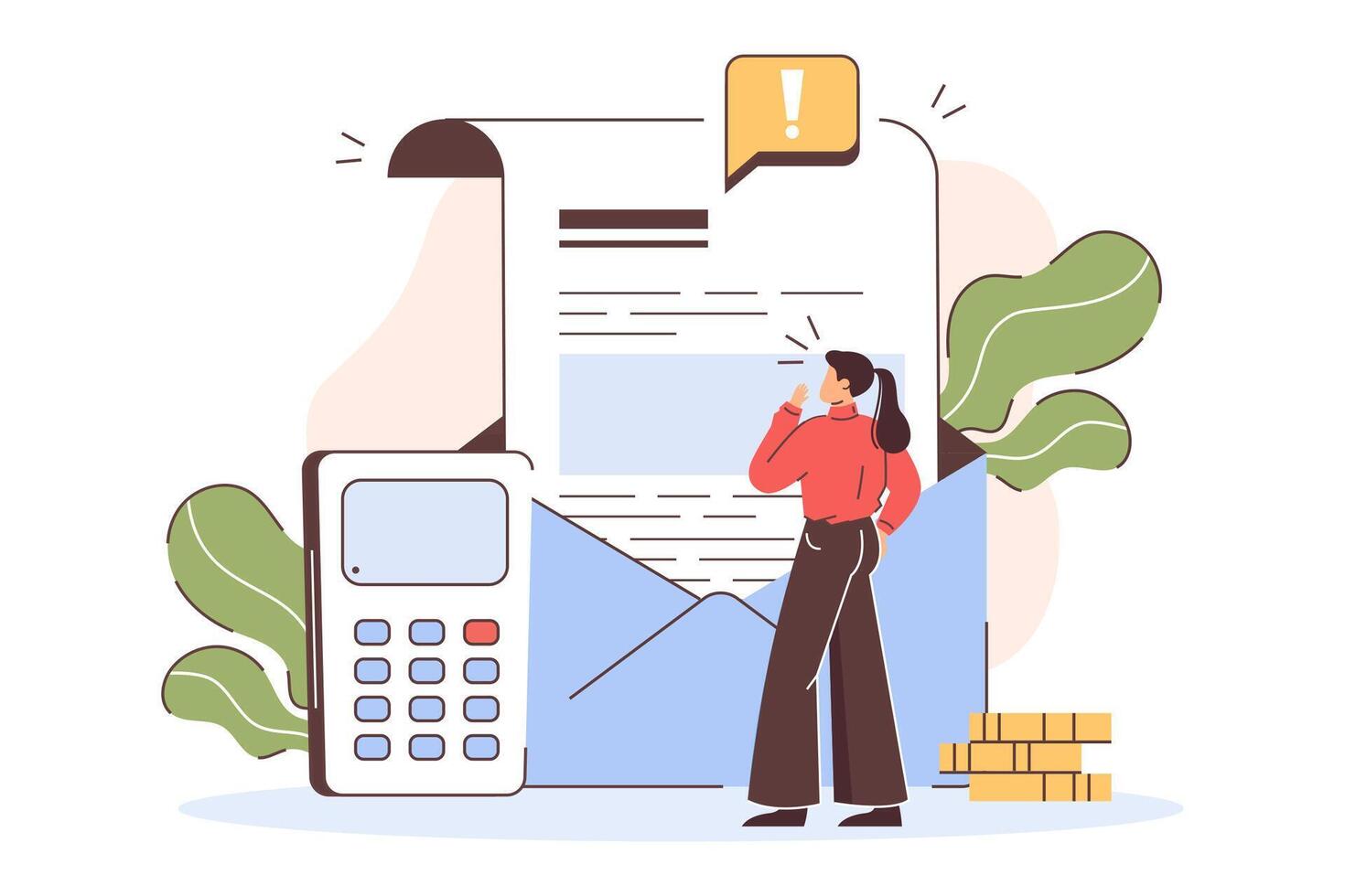 Flat worried woman have list of credit debts and overdue bills. Girl reading letter from collection agency about financial problems, loans and unpaid tax. Calculation and payment of expenses concept vector