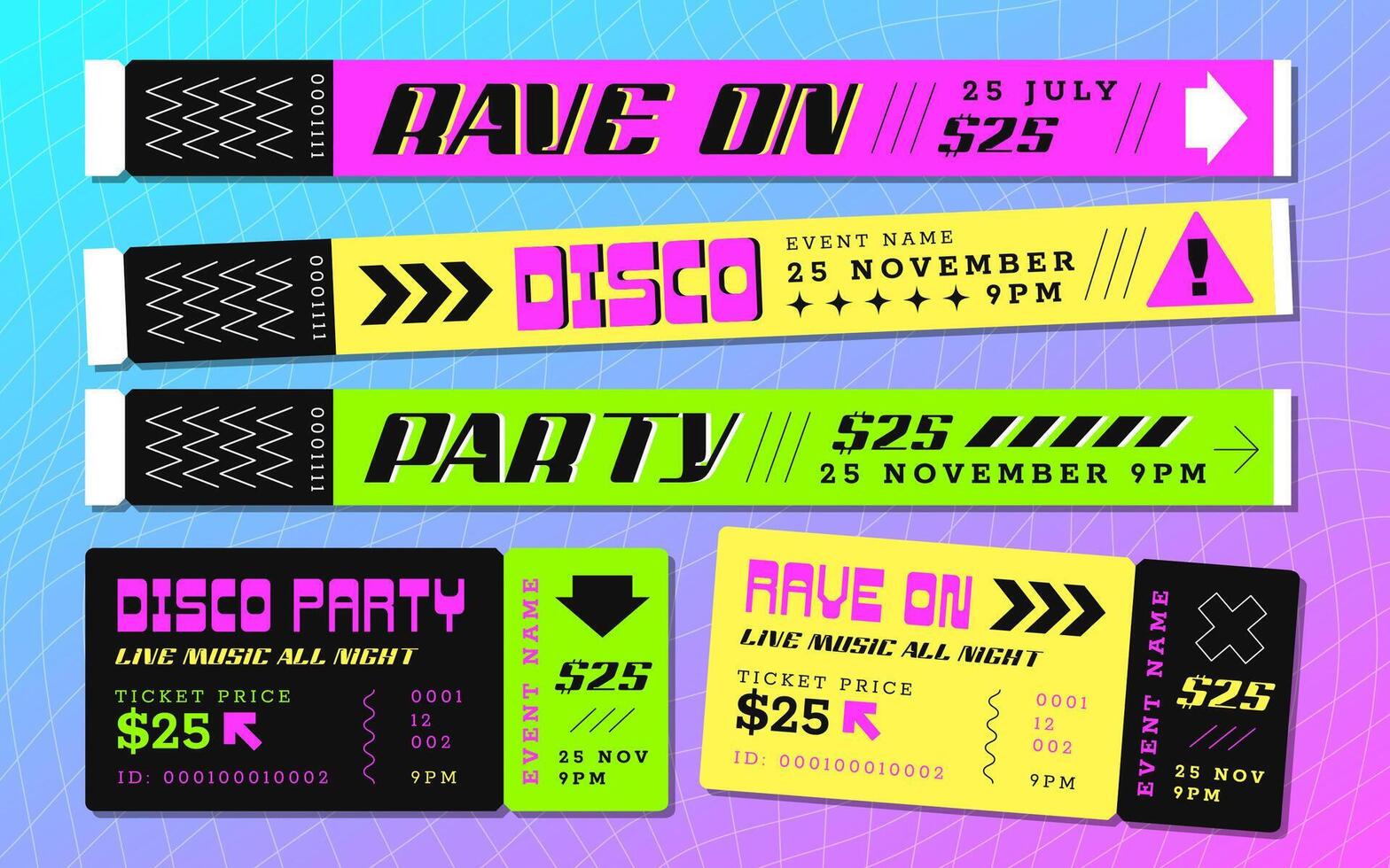 Festival bracelet and ticket for pass to event, disco. Paper hand band, color wristbands and night club party tickets. Vector illustration of music concert invitation with sample text. Access control