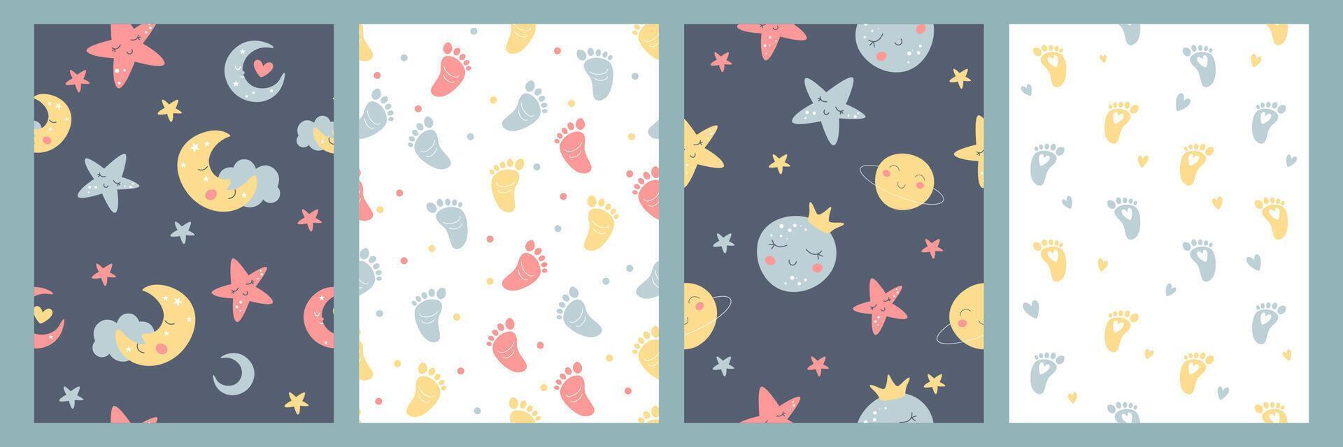 Bohemian baby simple seamless pattern. Hand drawn boho nursery design with starry night sky, cute planet, moon, cloud, and footprints for kids bedroom in scandinavian style. Childish wall art print vector
