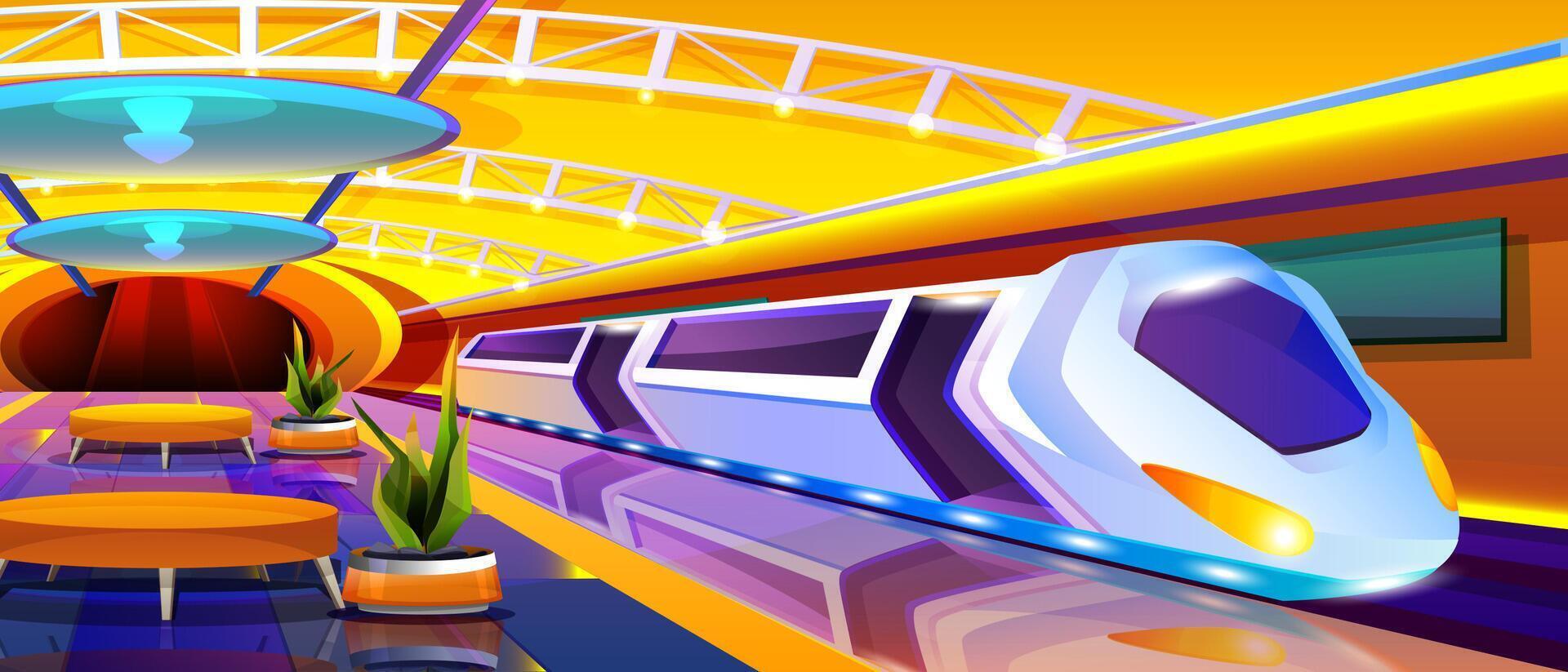 Cartoon arriving futuristic train in metro station. Modern underground interior with empty subway platform, seats for passengers and exit. Unusual public railway. Railroad urban transportation vector