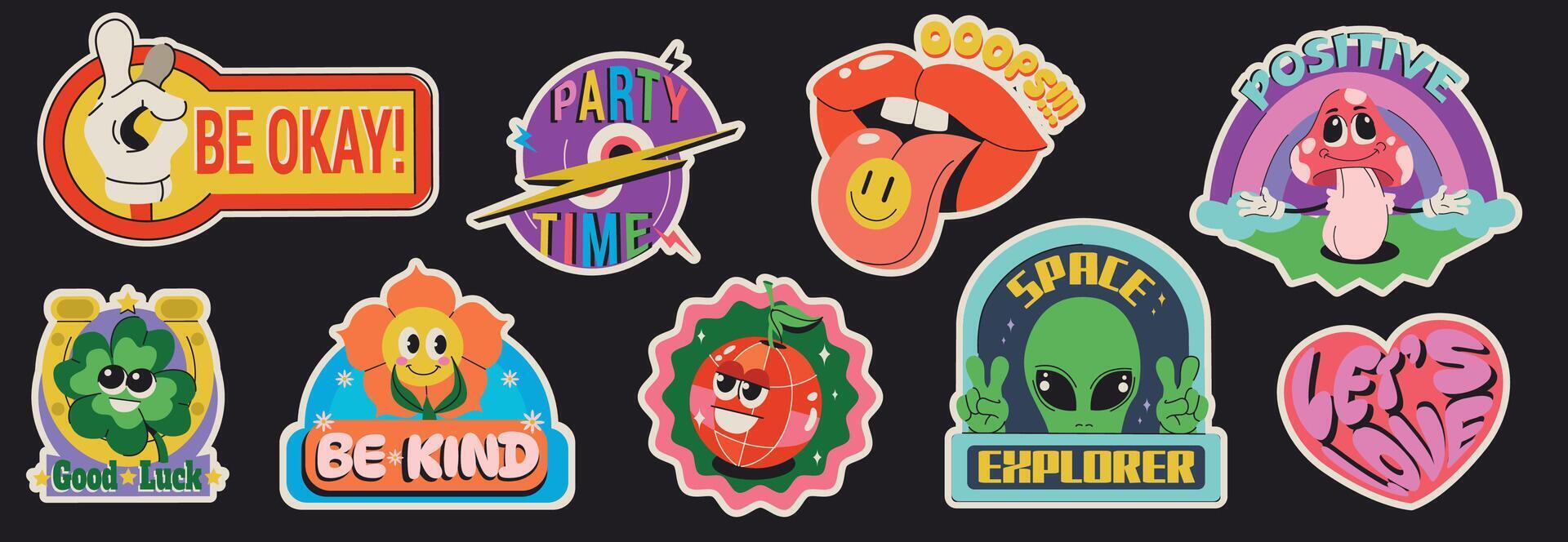 Retro stickers or labels set with flower, okay hand gesture, love symbol, positive mushroom, alien and mouth. Groovy hippie icons, funny comic characters. Tag or badge design in trendy style vector
