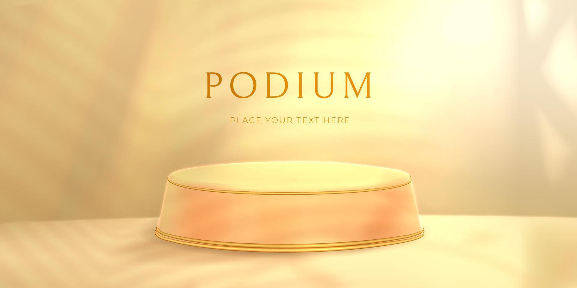 Round podium or pedestal with palm leaves background. Beige product display platform with golden decor. Studio showroom scene with tropical leaf shadow on wall from sunlight. Realistic 3d vector