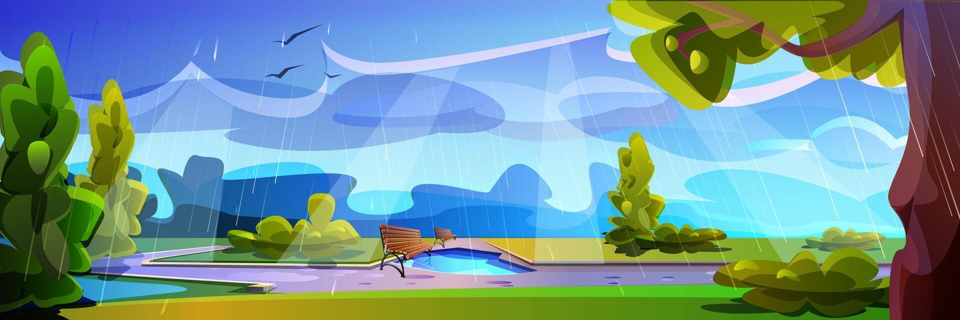 Empty city park at rainy weather with puddles, wooden bench, green grass and trees. Public place with street lamps and wet pathway. Vector cartoon summer landscape with gloomy sky and rain