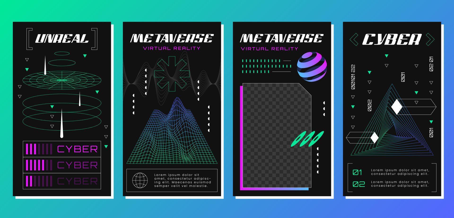Retro futuristic posters with abstract 3d geometry wireframe grid. Technology graphic elements in vaporwave style. Geometric shapes, tunnel triangle in perspective view. Vector cyberpunk design