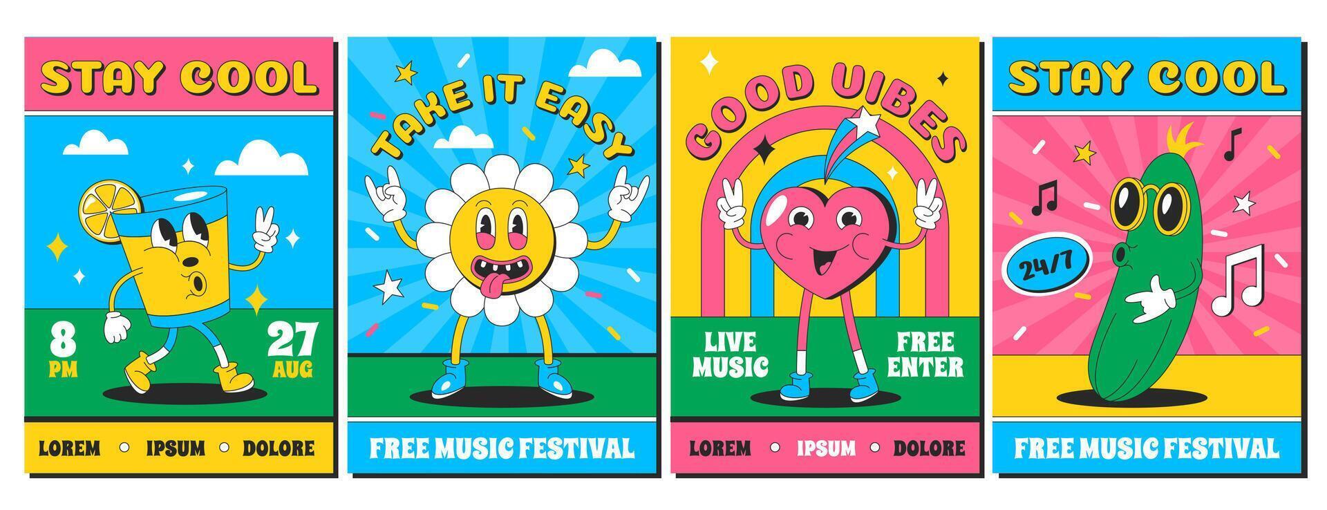 Trendy psychedelic posters with funny characters. Modern flyers or card design template with groovy daisy, heart and cocktail glass. Cartoon invitations for live music party, concert in bright colors vector