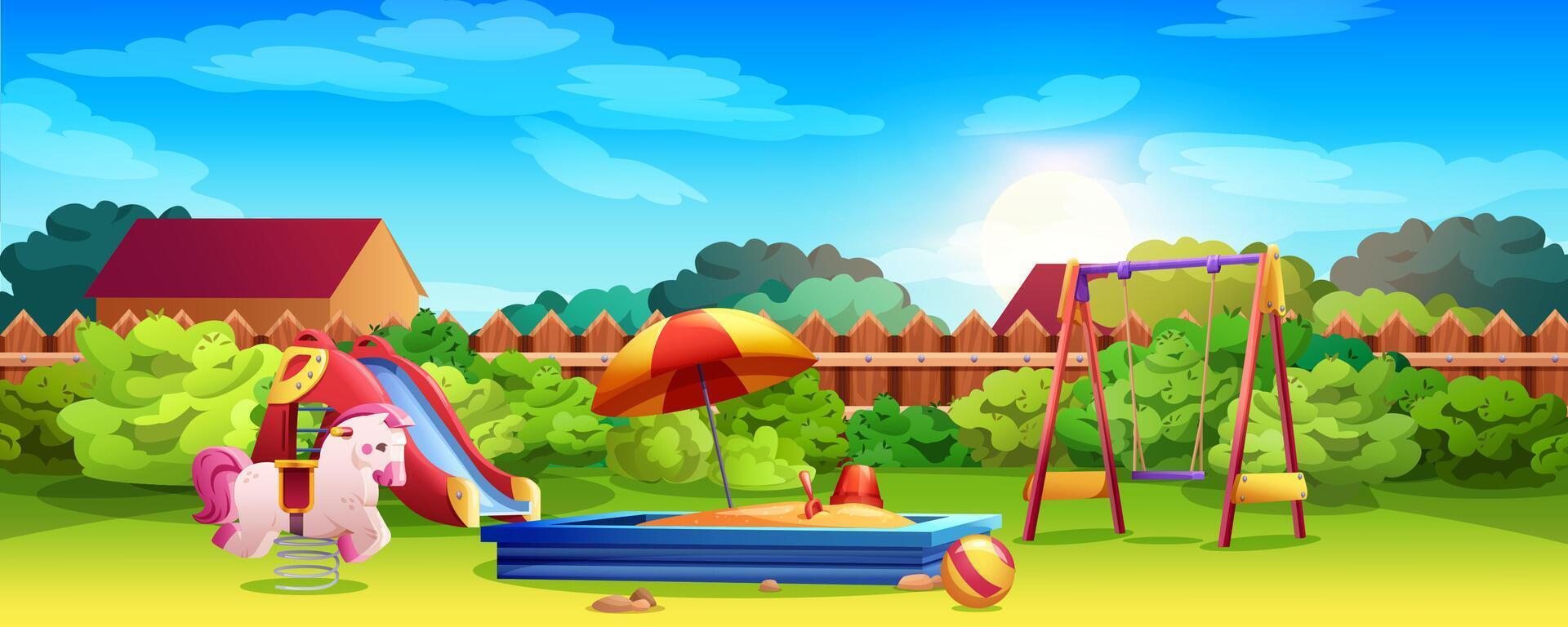 Kids playground in summer garden with swing, slide, sandbox. Play area in backyard with green lawn, sandpit, seesaw, slider and pink rocking horse. Vector cartoon illustration activities for children