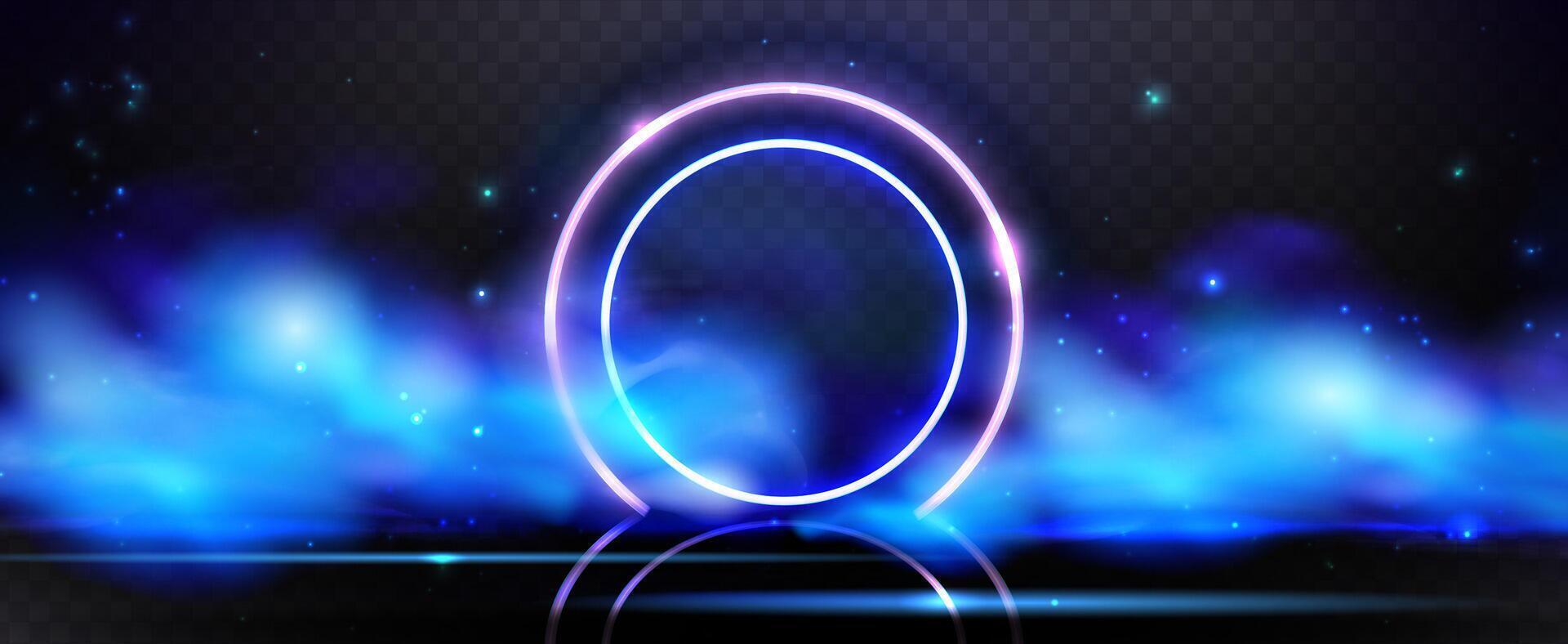 Neon led light circle frame and blue smoke with sparkles on dark background. Realistic vector illustration of glow ring with soft clouds, magic fog effect. Futuristic game portal with haze or mist