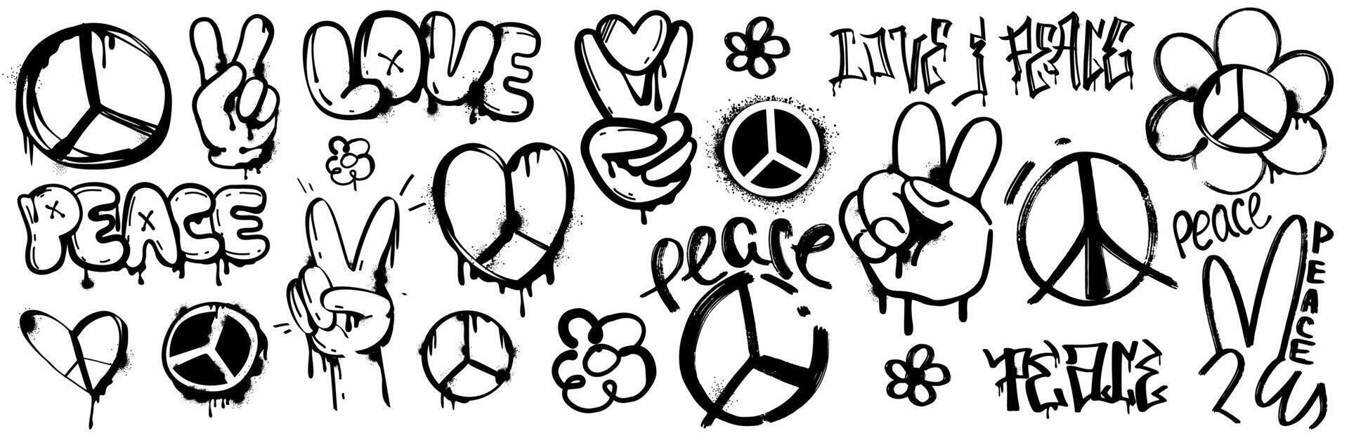 Spray paint graffiti peace pacific symbol, hand gesture V sign isolated on white background. Brush black heart icon and love word with inky drips and splatter in grunge style, vector design street art