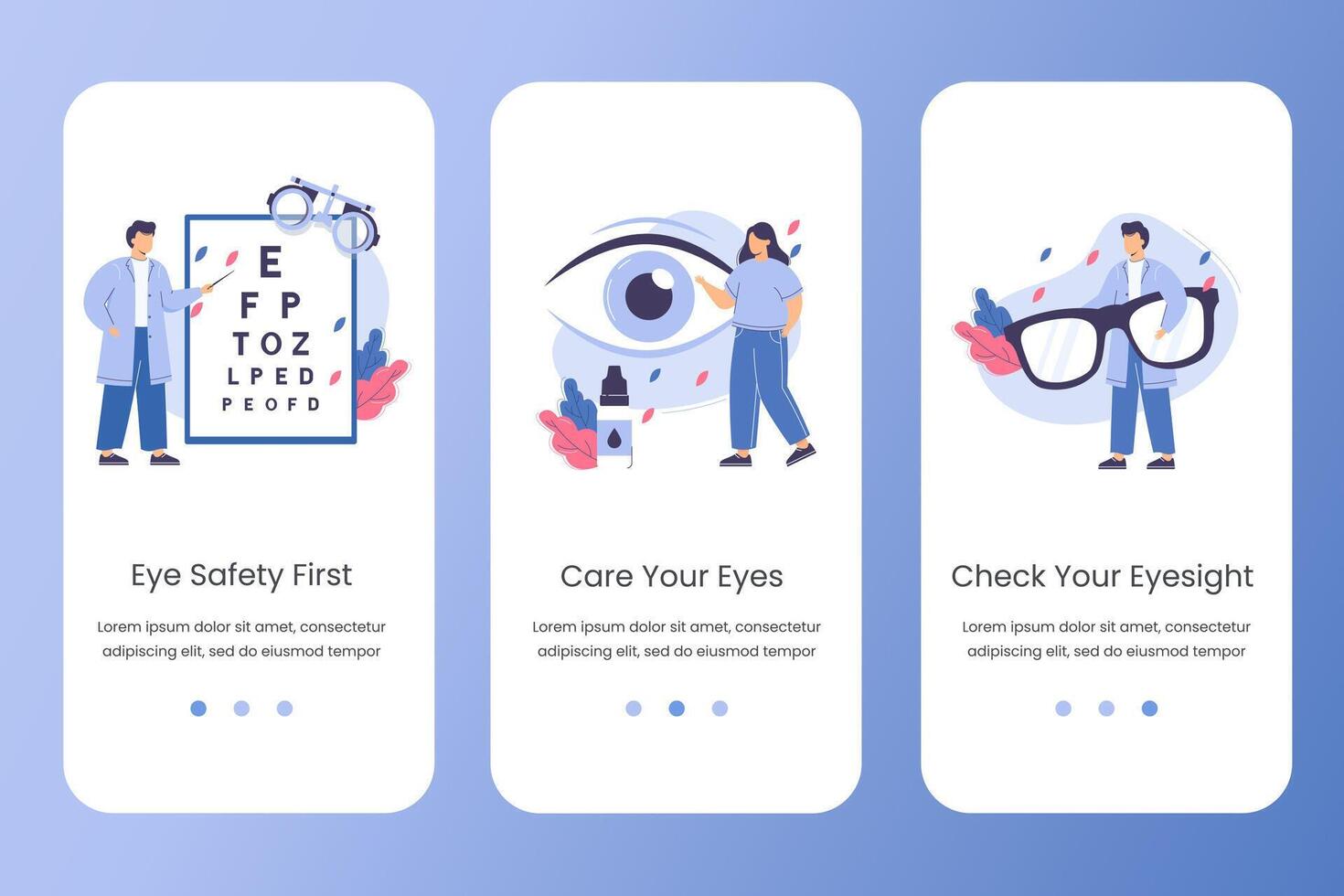 Flat ophthalmologist doctor with magnifier in hands check eyesight. Eye testing or vision correction vector website template. Care eyes concept with drops and eyeglasses. Landing page design for app