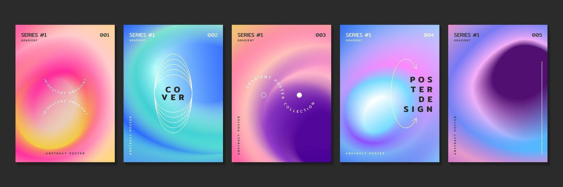 Set of fluid gradient backgrounds with radial blur effect. Covers design template with neon blurry circles and iridescent color gradation. Posters with glow circular blurry stains in modern style vector